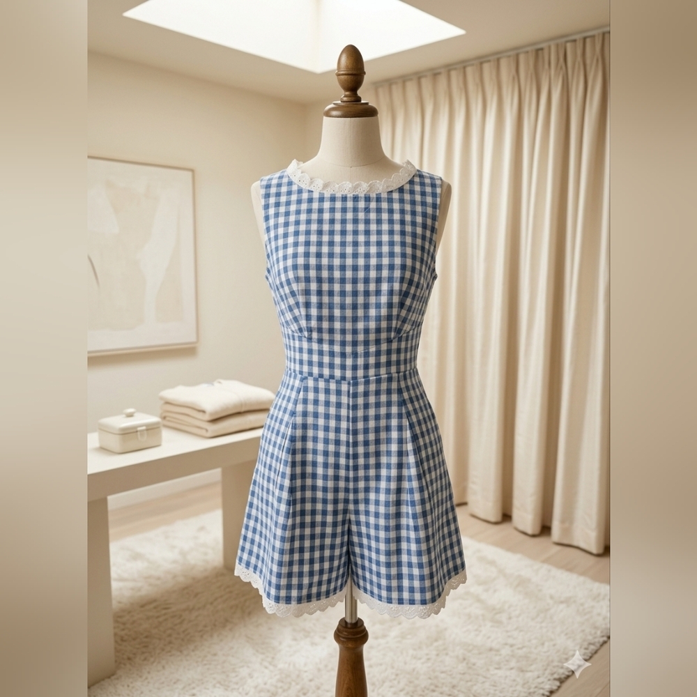 Anna-Kaci Baby Blue & White Checkered Lace Trim Romper